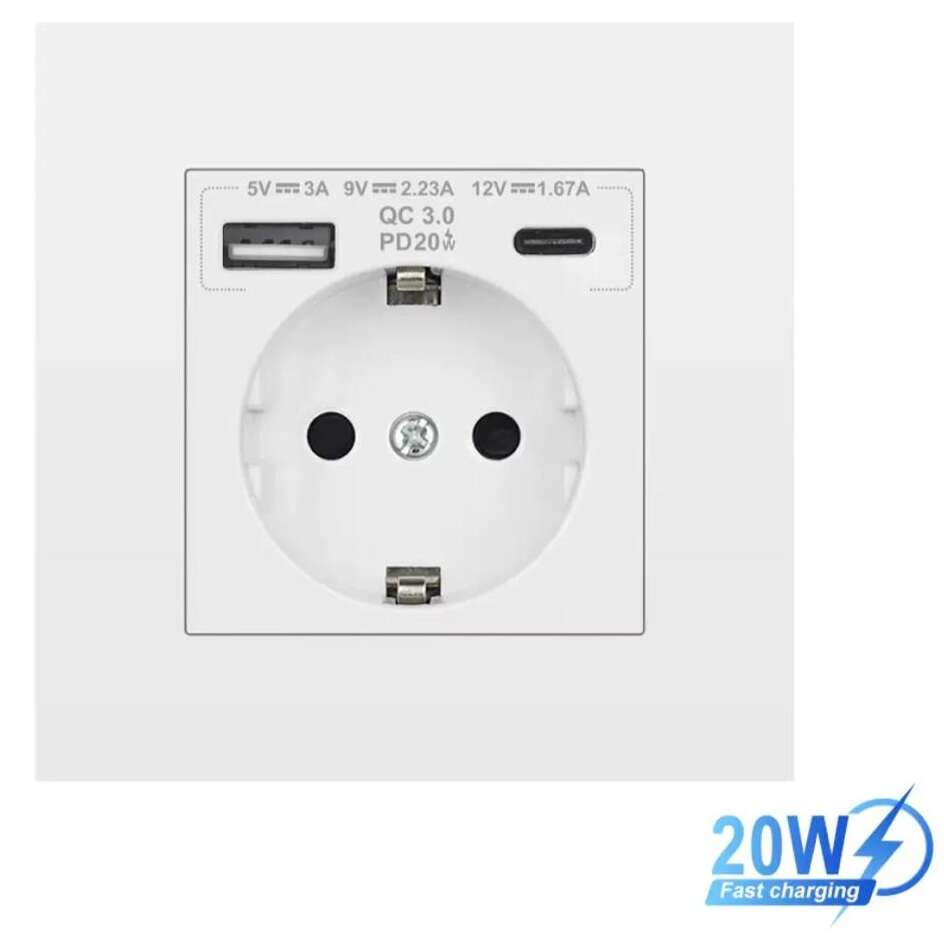 پریز برق توکار با خروجی USB A و TYPE-C با پشتیبانی فست شارژ - سفید رنگ